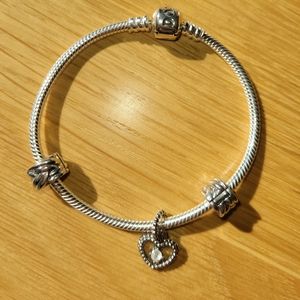 Brand New Pandora Bracelet with Misty Rose Crystal Beaded Heart Charm